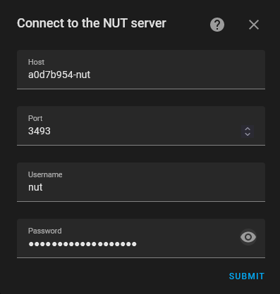 Intégration NUT - Connexion au serveur NUT - Description des champs à remplir en dessous