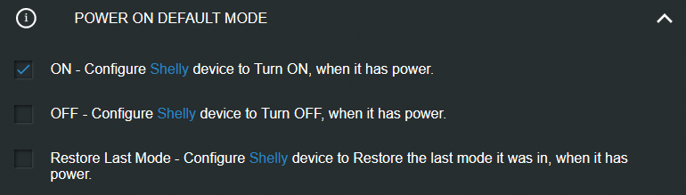 Interface du Shelly Plug S : Settings ➜ Power on default mode ➜ ON