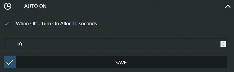 Interface du Shelly Plug S : Timer ➜ Auto on ➜ 10 seconds