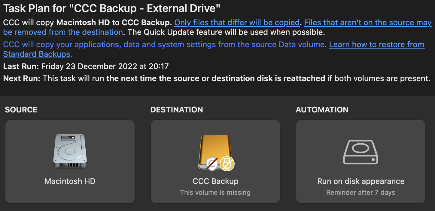 Tâche : CCC Backup - External Drive | Sauvegarde complète du MacBook | SafetyNet : Off