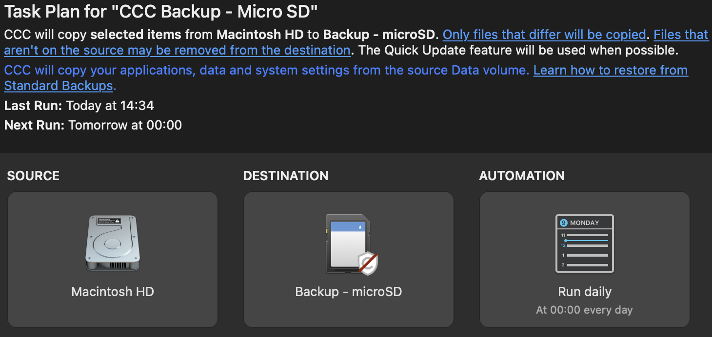 Tâche : CCC Backup - Micro SD | Sauvegarde de mon dossier utilisateur | SafetyNet : Off