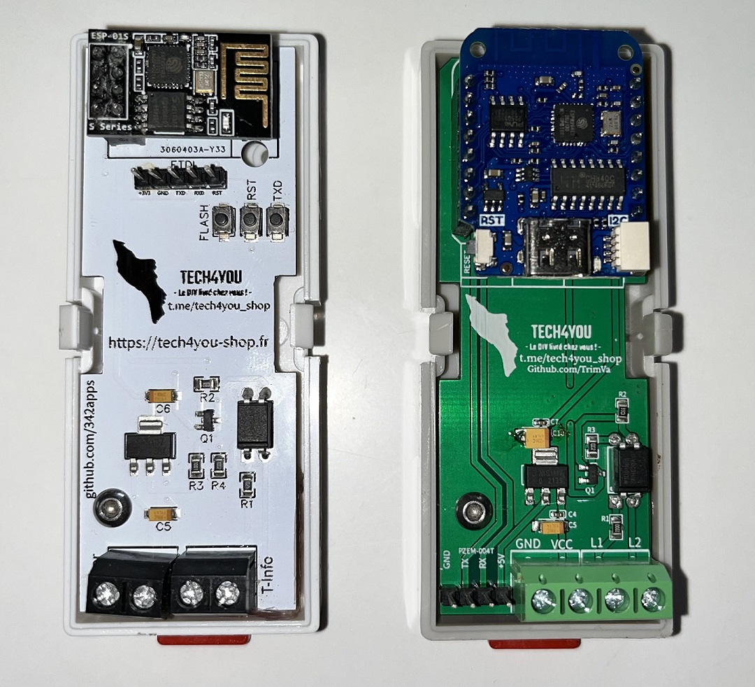 Modules T-InfoDIN : v1.0 à gauche et v1.4 à droite