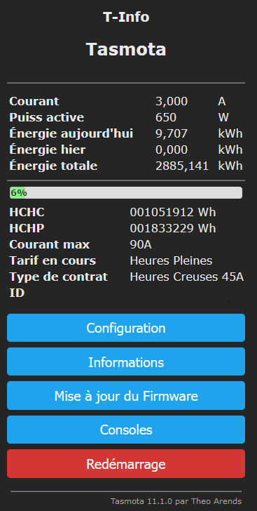 Module T-InfoDIN affichant les informations de la téléinformation après la configuration